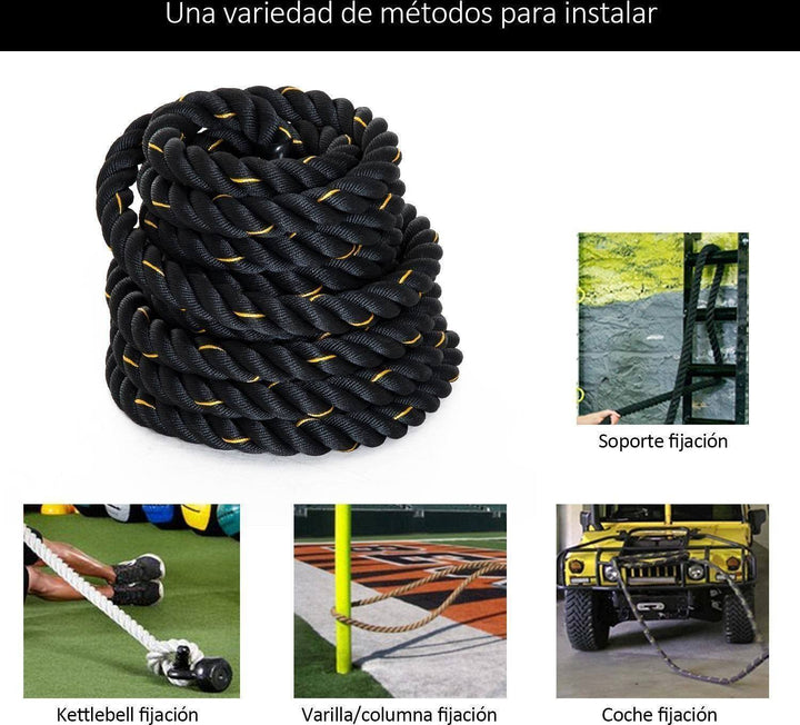 Cuerda Combate Crosstraining 12M x 50MM negro y amarillo - Fitness Tech