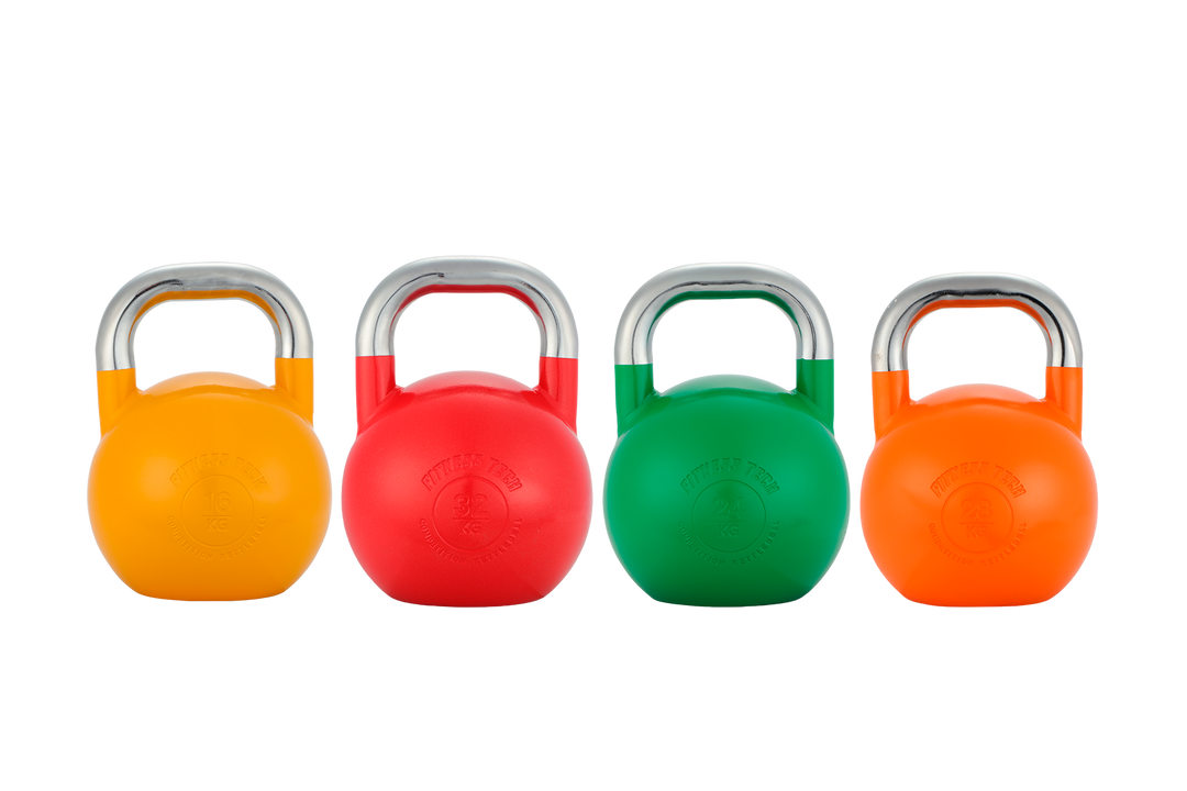 Pack Kettlebells de competición - Pesas Rusas 4-24 kg + rack Fitness Tech