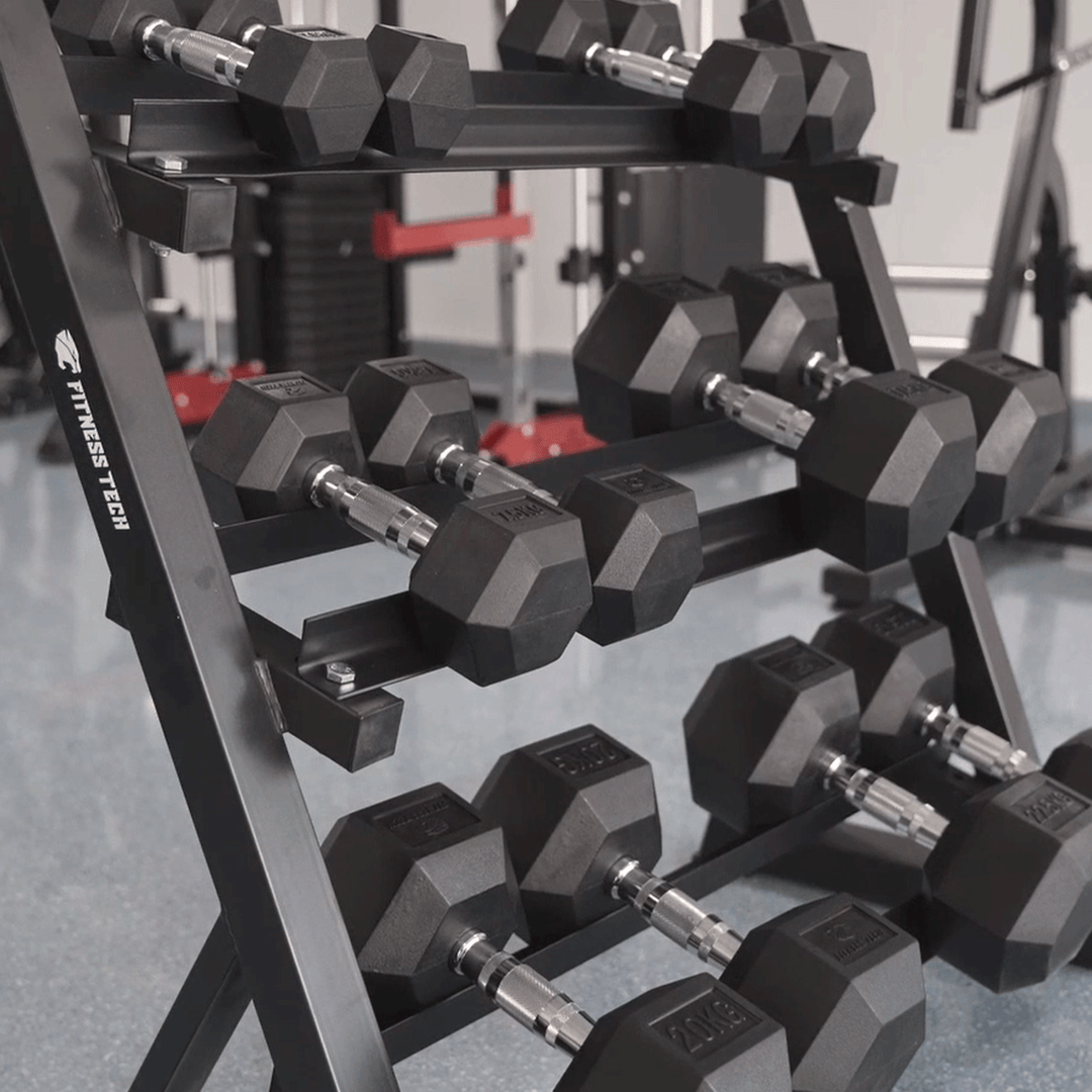 Set Mancuernero + Mancuernas Hexagonales 2,5kg a 22,5kg